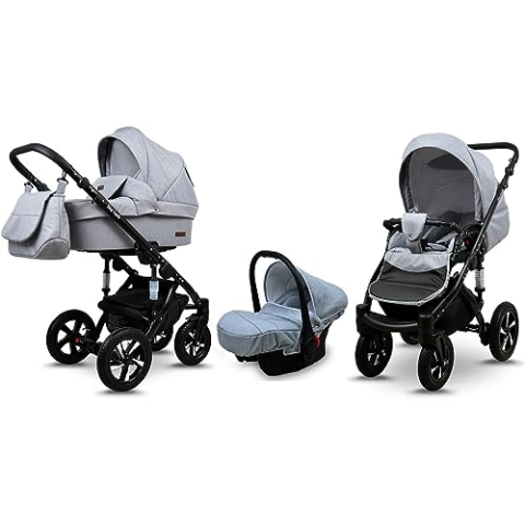 BabyLux® Bambimo Kinderwagen Set 3 in 1 - Sky Lark - incl. Babywanne, Buggy Sportsitz, Auto-Babyschale - Autositz - Kinderwagenset - Kombikinderwagen mit Wickeltasche, Regenschutz usw.
