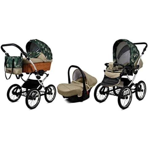 BabyLux Kinderwagen 3in1 mit Autositz für Kleinkinder – Kinderwagen für Neugeborene und Kleinkinder –– Baby Neugeborenen Kinderwagen – 59x105x125cm – Max 15kg – Fern Leaf Silver Frame