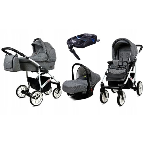 BabyLux® Kinderwagen Set 4 in 1 - Largo - incl. Babywanne, Buggy Sportsitz, Auto-Babyschale, ISOFIX-Basisstation - Autositz - Kinderwagenset - Kombikinderwagen mit Wickeltasche usw.
