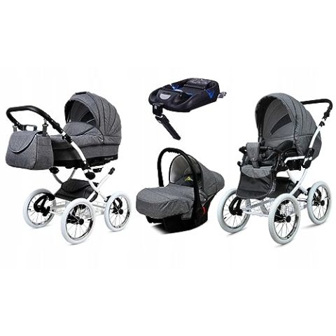 BabyLux® Kinderwagen Set 4 in 1 - Margaret White - incl. Babywanne, Buggy Sportsitz, Auto-Babyschale, ISOFIX-Basisstation - Autositz - Kinderwagenset - Kombikinderwagen mit Wickeltasche usw.