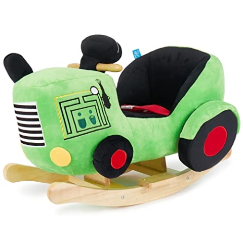 Bieco Plüsch Schaukeltier Traktor 60 cm | Kinder Schaukelstuhl mit Sicherheitsgurt | Baby Schaukel | Schaukel Kleinkind | Schaukeltier Baby Zimmer | Baby Schaukelwippe ab 9 Monate | Schaukelpferd Holz