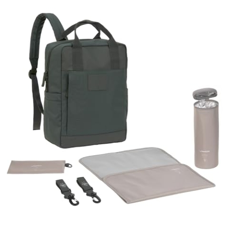LÄSSIG Baby Wickelrucksack Wickeltasche Rucksack mit Wickelunterlage, Kinderwagenbefestigung, Flaschenhalter nachhaltig produziert/GRE Vividal Backpack dark olive