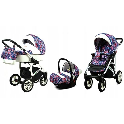 BabyLux® Bambimo Kinderwagen Set 3 in 1 - Tropical - incl. Babywanne, Buggy Sportsitz, Auto-Babyschale - Autositz - Kinderwagenset - Kombikinderwagen mit Wickeltasche, Regenschutz usw.