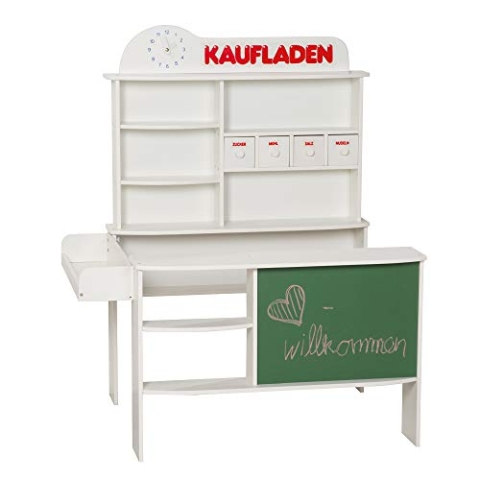roba Kaufladen, Kinder Kaufmannsladen, Holz weiß, Verkaufsstand mit 4 Schubladen, Uhr, Tafel, Theke & Seitentheke