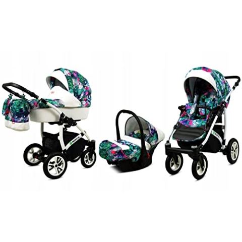 BabyLux® Bambimo Kinderwagen Set 3 in 1 - Tropical - incl. Babywanne, Buggy Sportsitz, Auto-Babyschale - Autositz - Kinderwagenset - Kombikinderwagen mit Wickeltasche, Regenschutz usw.