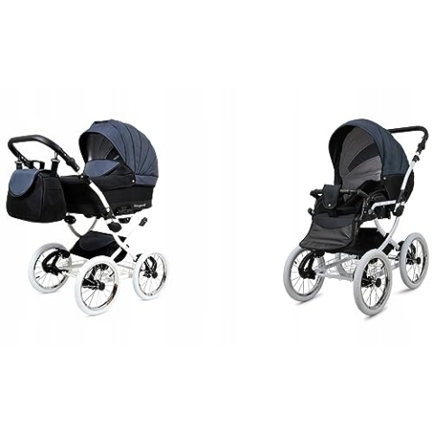 BabyLux® Bambimo Kinderwagen Set 2 in 1 - Margaret White - incl. Babywanne, Buggy Sportsitz - Kinderwagenset - Kombikinderwagen mit Wickeltasche, Regenschutz, Moskitonetz, Cupholder usw.