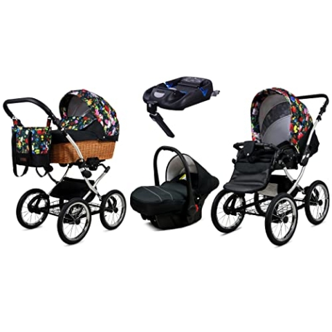 BabyLux Kinderwagen 4in1 mit Autositz für Kleinkinder – Kinderwagen für Neugeborene und Kleinkinder –– Baby Neugeborenen Kinderwagen – ISOFIX Autositzbasis – Max 15kg – Garden Flowers Silver Frame