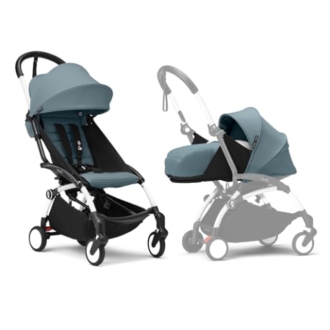 Stokke YOYO3 Kinderwagen mit Neugeborenen Set - Enthält weißem Rahmen, YOYO 6 + Textilset (Aqua) & 0 + Neugeborenen Set (Aqua)