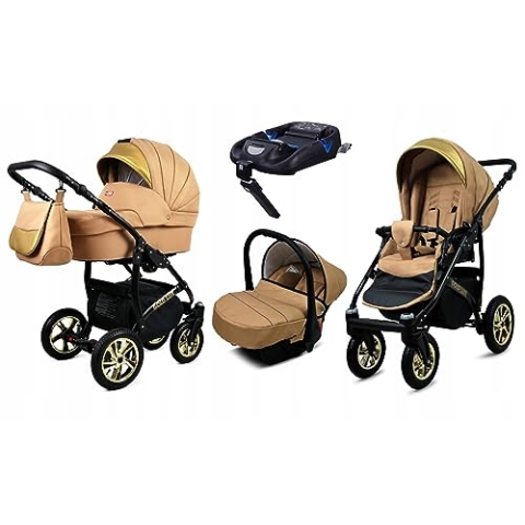 BabyLux® Kinderwagen Set 4 in 1 - Gold Lux - incl. Babywanne, Buggy Sportsitz, Auto-Babyschale, ISOFIX-Basisstation - Autositz - Kinderwagenset - Kombikinderwagen mit Wickeltasche usw.