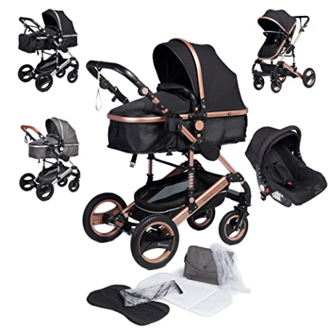 Bronea EXQUISE Kombi-Kinderwagen 3 in 1 INKL. MATRATZE | FARBAUSWAHL | Buggy, Auto-Babyschale, Zusammenklappbar mit Wickeltasche, Regenschutz, Mückenschutz & Sonnenschutz, Farbe:schwarz/champagne