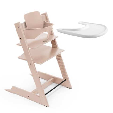 Stokke Tripp Trapp Hochstuhl (Serene Pink) mit Stokke Tray (White) - ein verstellbares, ergonomisches und leicht zu reinigendes Babyset für Kinder im Alter von 6-36 Monaten