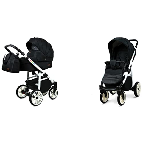 BabyLux Color Lux 2-in-1 Baby Kinderwagen Tief und Kinderwagen mit Zubehör Verstellbar und faltbar Aluminiumkonstruktion Wasserdichte Nicht abnehmbare Räder Onyx White Frame
