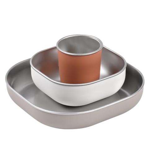 BÉABA, Babygeschirr für Kinder aus Edelstahl, BLW set, 3-teilig, Glas + 2 Teller, Mikrowellen- und Spülmaschinenfest, Gesund,Stabil, Leicht, Unzerbrechlich, Rutschfest, mit Silikonhülle, Terracotta