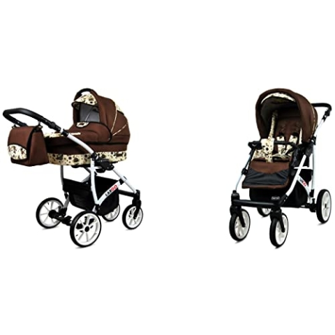BabyLux Largo 2-in-1 Baby Kinderwagen Tief und Kinderwagen mit Zubehör Verstellbar und faltbar Aluminiumkonstruktion Wasserdicht Nicht abnehmbare Räder Chili Silver