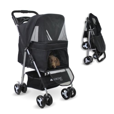 Mobiclinic® pets, Faltbarer hundewagen, Bis zu 15 kg, Ideal für kleine hunde, Zuma, Räder mit 360°-bremsen, Xxl-korb, 3 fenster reißverschluss und moskitonetz, Becherhalter (schwarz)