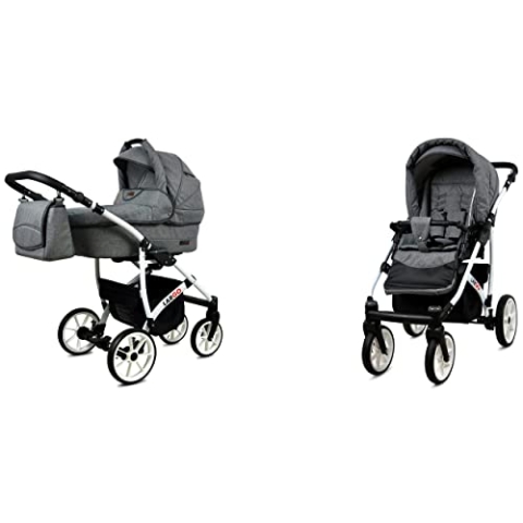 BabyLux Largo 2-in-1 Baby Kinderwagen Tief und Kinderwagen mit Zubehör Verstellbar und faltbar Aluminiumkonstruktion Wasserdicht Nicht abnehmbare Räder Grey Flex White Frame