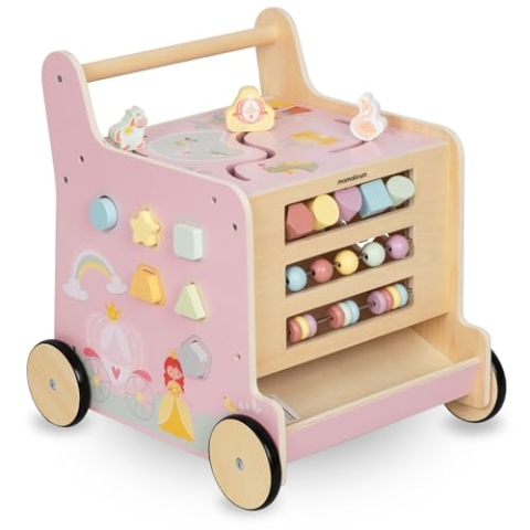 Mamabrum Holzläufer für Kinder, 2in1 Puder, Motorikwürfel, Frühkindspielzeug: Reiter, Sorter, Labyrint, Zahlenblöcke, Schieber, Rutschfeste Räder