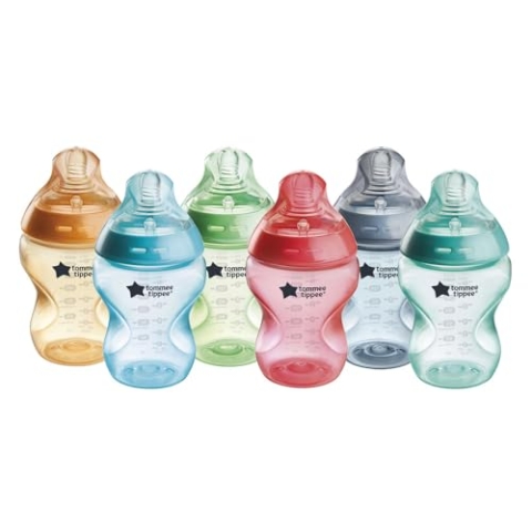 Tommee Tippee - Natural Start Anti-Kolik-Babyflasche 260ml, brustähnl. Sauger, Anti-Kolikventil, selbst steril., Zubehör, farbenfreudig, 6er-Pack