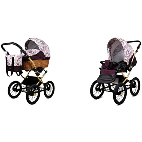 BabyLux ALU 2in1 Kinderwagen für Kleinkinder – Kinderwagen für Neugeborene und Kleinkinder – Baby Neugeborenen Kinderwagen – 59x105x125cm – Max. 15kg – Maroon Flowers Gold Frame