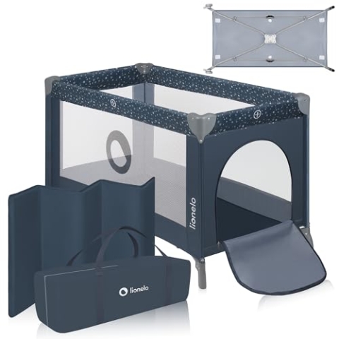 Lionelo Stefi Baby Laufstall, Kinderbett, Reisebett ab Geburt bis 15 kg, Seiteneingang, Sicherungssystem LockGuard, Blockade der Räder, Tragetasche, zusammenklappbar