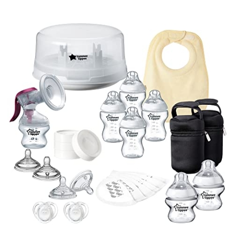 Tommee Tippee Breastfeeding Kit with Manual Breast Pump, Microwave Steriliser, Baby Bottles and Breastfeeding Accessories