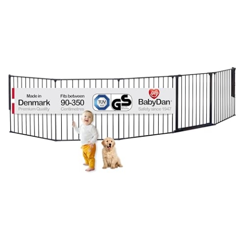 BabyDan Flex XXL, 90-350 cm, Kaminzaun/Treppengitter/Raumteiler/Kaminumrandung, Schwarz, Hergestellt in Dänemark - Kinderschutzgitter/Sicherheitsgitter (Haustiergitter/Hundegitter/Hundespielgehege)