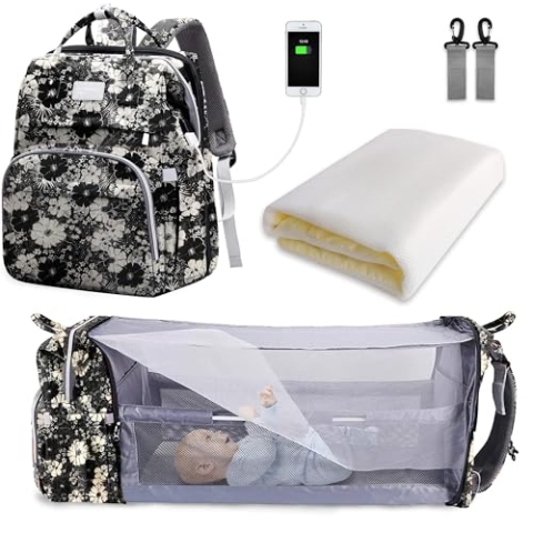 SNDMOR Wickeltasche Rucksack, wickelrucksack mit bettfunktion Großer, Multifunktionale Diaper Bag Mit Wickelunterlage, Kinderwagen-Haken, Geeignet für Mama und Papa