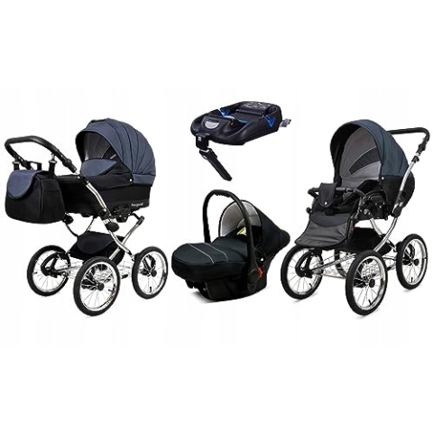 BabyLux® Kinderwagen Set 4 in 1 - Margaret Exclusive - incl. Babywanne, Buggy Sportsitz, Auto-Babyschale, ISOFIX-Basisstation - Autositz - Kinderwagenset - Kombikinderwagen mit Wickeltasche usw.