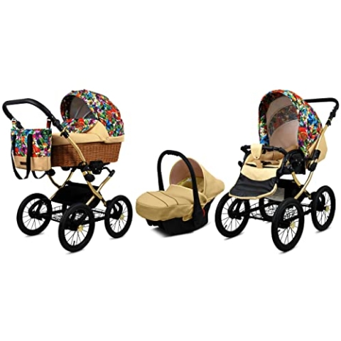 BabyLux Kinderwagen 3in1 mit Autositz für Kleinkinder – Kinderwagen für Neugeborene und Kleinkinder –– Baby Neugeborenen Kinderwagen – 59x105x125cm – Max 15kg – Jungle Flowers Gold Frame