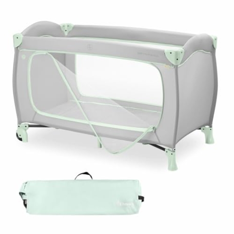 hauck Reisebett Sleep N Play Go Plus, Dusty Mint - Baby Kinderreisebett mit Rädern, Tragetasche, Faltboden und Großen Schlupf zum Spielen - ab Geburt bis 15 kg - Klein Zusammenklappbar