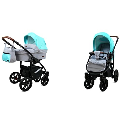 BabyLux Optimal 2-in-1 Baby Kinderwagen Tief und Kinderwagen mit Zubehör Verstellbar und faltbar Aluminium Konstruktion Wasserdicht Nicht abnehmbare Räder Silver Stone Black Frame