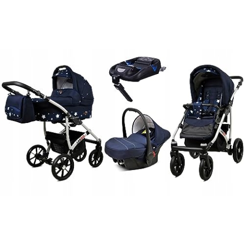 BabyLux® Kinderwagen Set 4 in 1 - Largo - incl. Babywanne, Buggy Sportsitz, Auto-Babyschale, ISOFIX-Basisstation - Autositz - Kinderwagenset - Kombikinderwagen mit Wickeltasche usw.