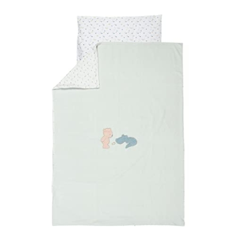 Nattou Bettwäsche-Set aus Baumwolle und Polyester, Krokodil und Bär, Mit Wendemotiv, Bettdeckenbezug 140 x 100 cm, Kissenbezug 40 x 60 cm, Romeo, Jules und Sally, Hellblau