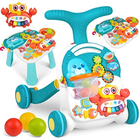 RICOKIDS Interaktiver Schieber, Gehhilfe, Lerntafel, Tisch, weiß und blau, 2in1, RK-810, verstellbar, für die Entwicklung der Kleinmotorik, Laufen lernen
