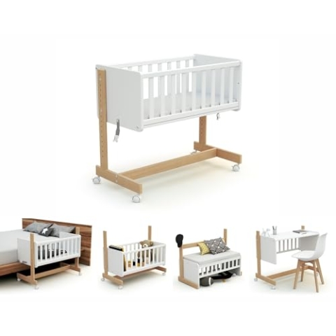 AT4 - Umwandelbare Co-Sleeping-Wiege CONFORT Holz Weiß und Buche Lackiert 40 x 80
