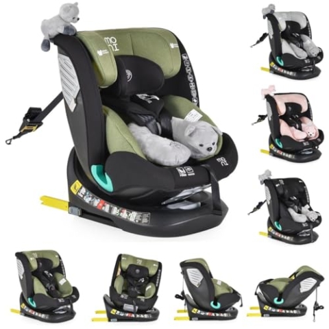 Moni Kindersitz Serengeti i-Size (40-150cm) Isofix, Kuscheltier, Nackenkissen, Farbe:grün