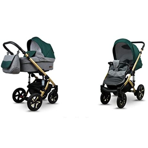 BabyLux® Sky Lark 2-in-1 Baby Kinderwagen Tief und Kinderwagen mit Zubehör Verstellbar und faltbar Aluminiumkonstruktion Wasserdicht Nicht abnehmbare Räder Grey Flex Green Gold Frame