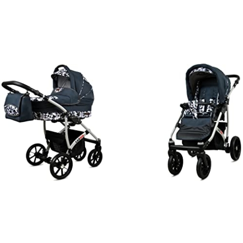 BabyLux Largo 2-in-1 Baby Kinderwagen Tief und Kinderwagen mit Zubehör Verstellbar und faltbar Aluminiumkonstruktion Wasserdicht Nicht abnehmbare Räder Grey Light Pink Silver Frame