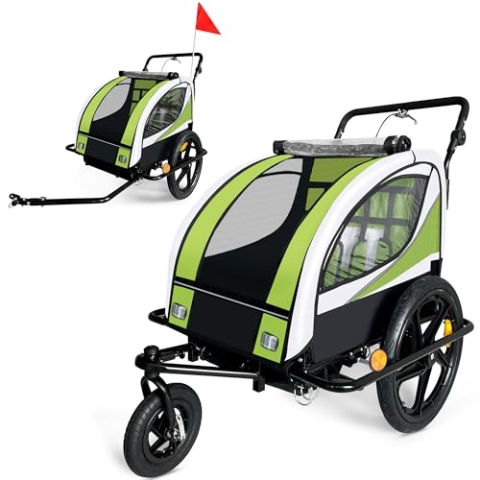 SAMAX Fahrradanhänger Jogger 2in1 360° drehbar Kinderanhänger Kinderfahrradanhänger Transportwagen vollgefederte Hinterachse für 2 Kinder in Grün - Black Frame