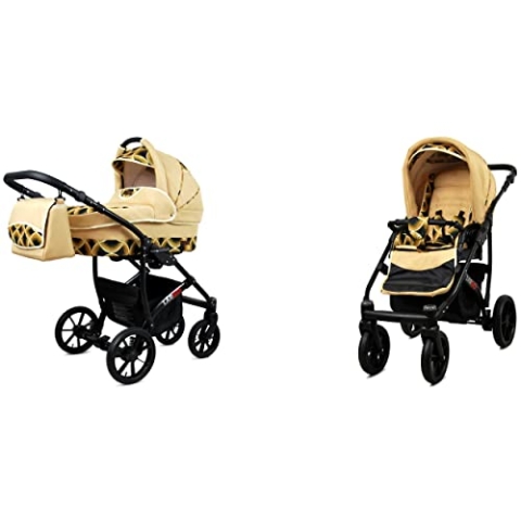 BabyLux Largo 2-in-1 Baby Kinderwagen Tief und Kinderwagen mit Zubehör Verstellbar und faltbar Aluminiumkonstruktion Wasserdicht Nicht abnehmbare Räder Black Aqua Black Frame