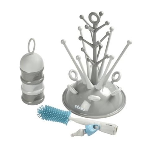 BÉABA, Baby-Geschenkset zur Geburt, Trockenständer für Babyflaschen, geräumig, Milchpulver-Portionierer, stapelbar, Flaschenbürste aus Silikon, Babylätzchen 100% Baumwolle, Motiv Tropical