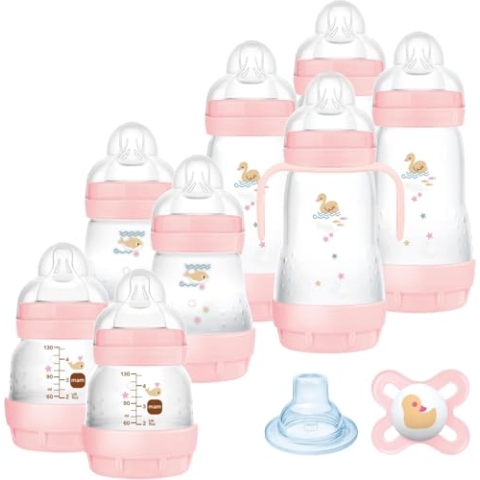 MAM Easy Start Anti-Colic Set | Babyflaschen-Set für Neugeborene | 94% Akzeptanz | 80 % weniger Koliken | 8 Flaschen (130, 160, 260ml), 1 Start Schnuller, 1 Griff, 1 Trinkschnabel | 0+ Mon | rosa