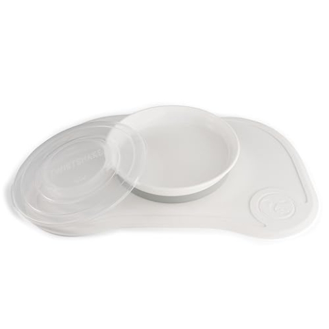 Twistshake Click-Mat + Platte | Anti-Rutsch-Geschirrset für Babys | Babyteller + Baby-Tischset (38x25) | BPA-freier Baby-Entwöhnungsteller | Essenstrainingsplatte für Kinder ab 6 Monaten | Weiß