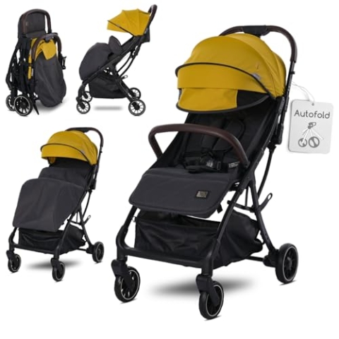 Lorelli Kinderwagen Minori, Sport Buggy klein zusammenklappbar, Autofold Einhand-Klappsystem, Nur 9,3kg, kompakter Sportsitz bis 22kg, Baby Reisebuggy mit Flaschenhalter, PU-Leder Handgriff, Gelb