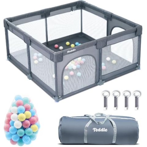 Teddle Laufstall Baby - Laufgitter Baby mit 50x Spielbälle - 120 x 120 cm – Playpen für Innen und Draußen – Grau