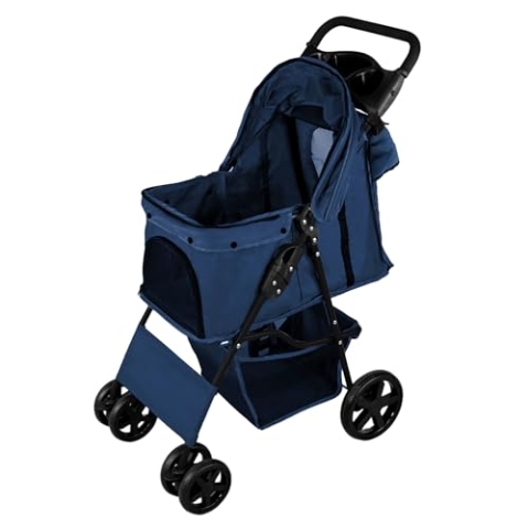 Haustierwagen mit der Fronttasche, abnehmbar, marineblau, faltbarer Träger, 15 kg Kapazität, Räder, Bremsen, Netzfenster, Korb, Getränkehalter, Taschen und wasserdichter Regenschutz