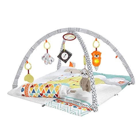 Fisher-Price HBB74-5 Sinnes Baby Spieldecke, kuschelig weiche Krabbeldecke mit Sensorik Spielzeug, sechs abnehmbare Beschäftigungsspielzeuge, Babyaustattung ab der Geburt