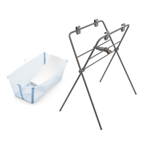 Stokke Flexi Bath (Ocean Blue) + Newborn Support + Flexi Bath Stand - Ideal für Neugeborene & Kinder bis 48 Monate - Faltbare, Robust & einfach zu verstauen