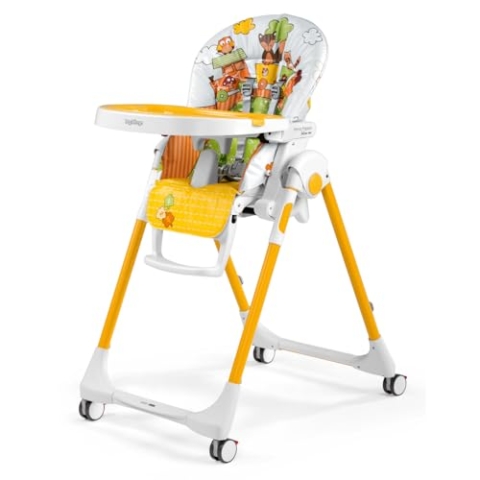 Peg Perego Prima Pappa Follow Me - Fox&Friends - Hochstuhl mit Baby-Liegefunktion und 4 Doppelrollem mit Bremsen, PVC-Bezug (phthalatfrei), mehrfarbig