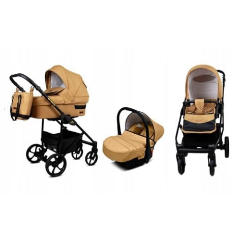 BabyLux® Kinderwagen Set 3 in 1 - Trailux - Sand Pearl - incl. Babywanne, Buggy Sportsitz, Auto-Babyschale - Autositz - Kinderwagenset - Kombikinderwagen mit Wickeltasche, Regenschutz usw.